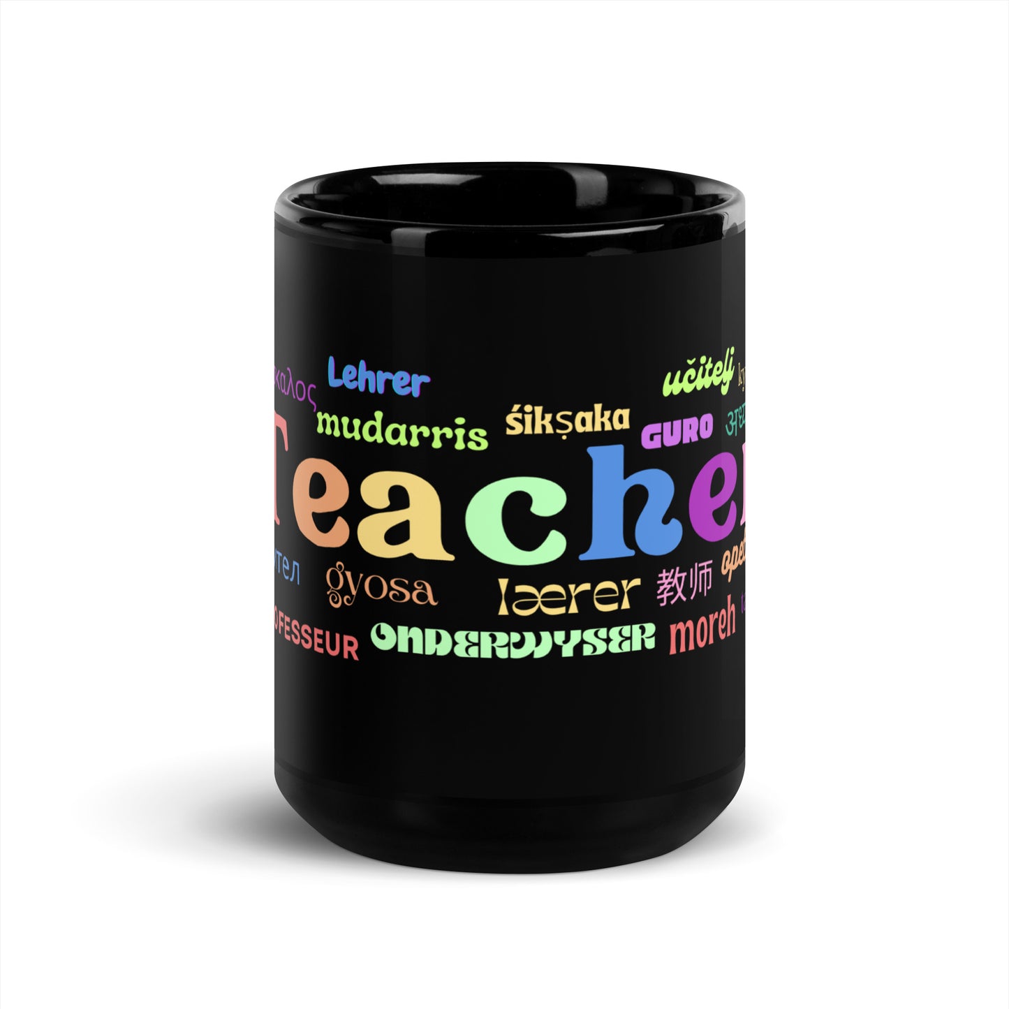 Teacher in many languages black glossy mug