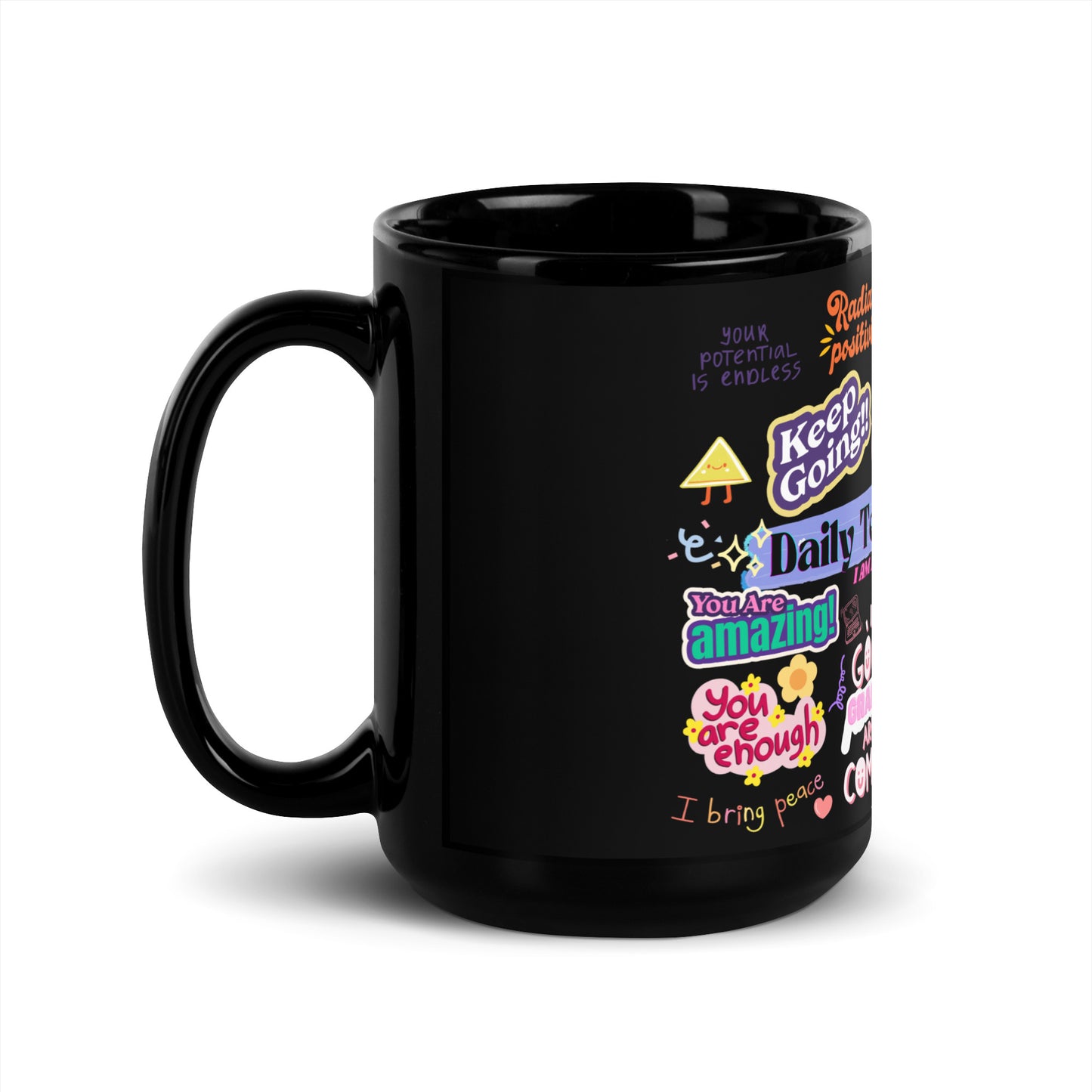 Daily teacher mantra black glossy mug