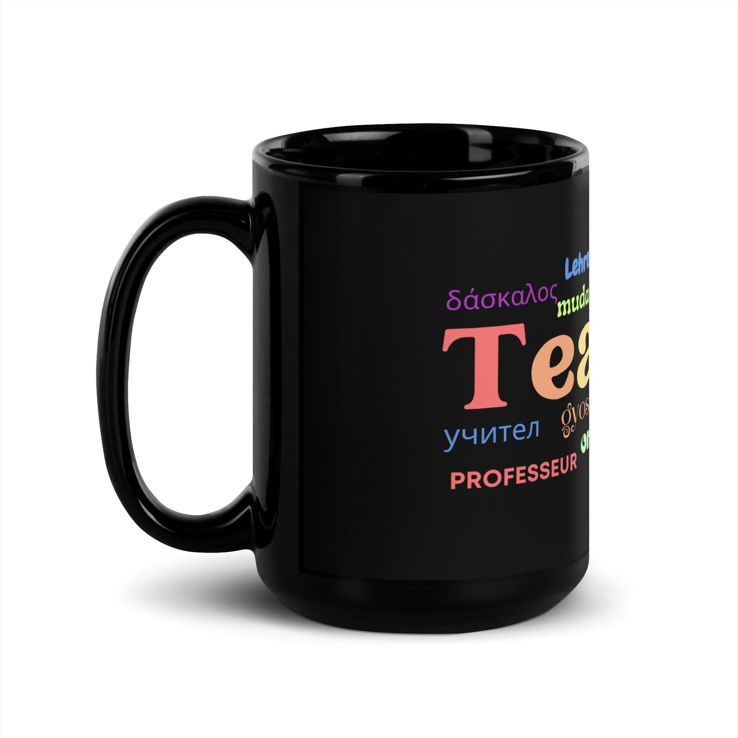 Teacher in many languages black glossy mug