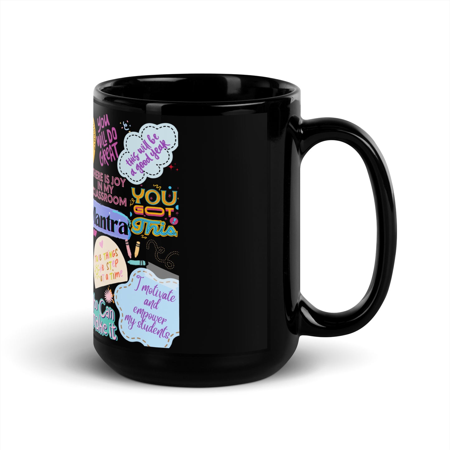 Daily teacher mantra black glossy mug