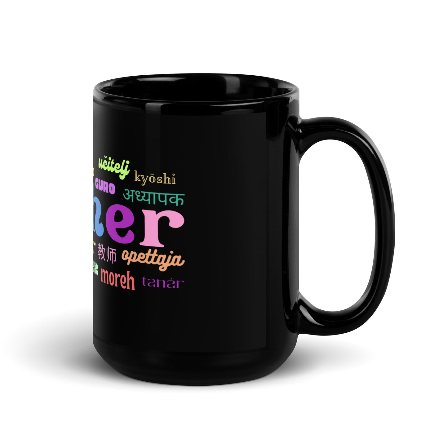 Teacher in many languages black glossy mug