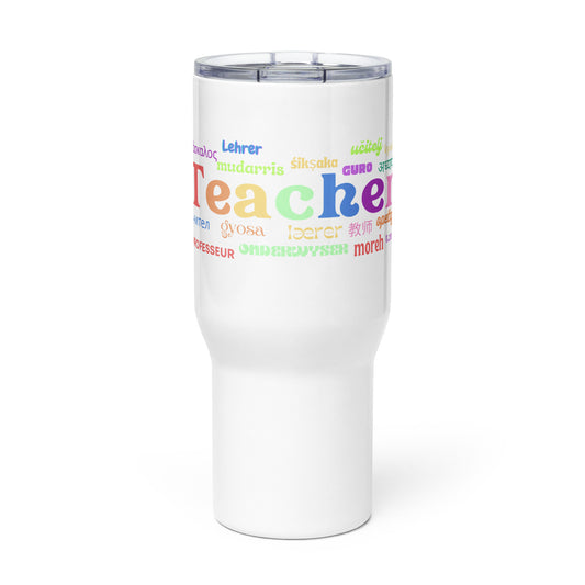 Teacher in many languages travel mug with a handle