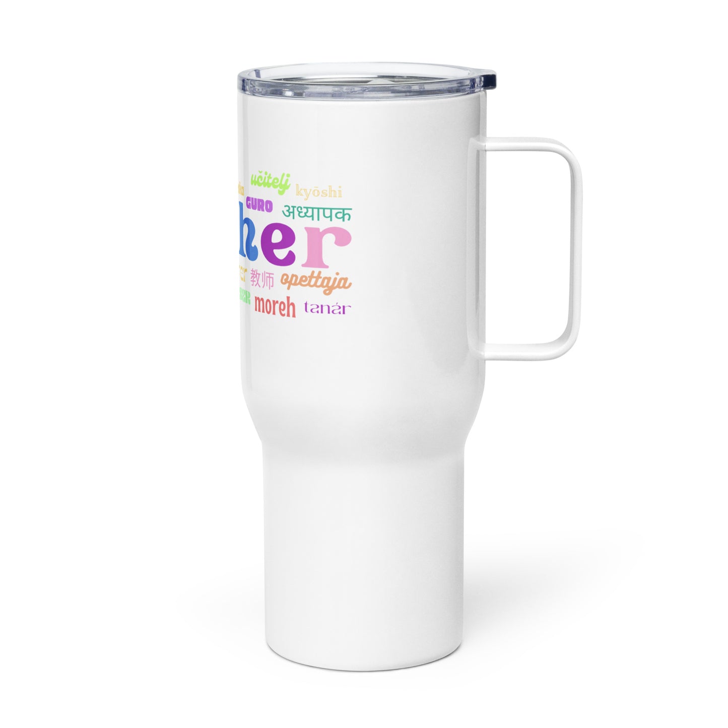 Teacher in many languages travel mug with a handle