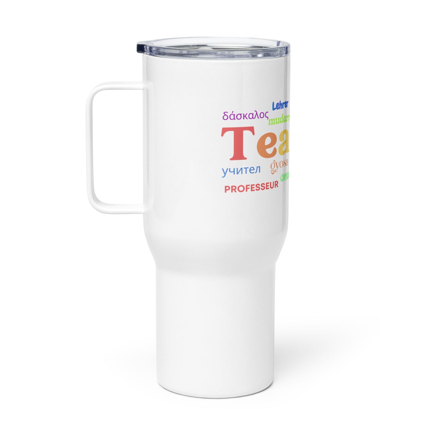 Teacher in many languages travel mug with a handle