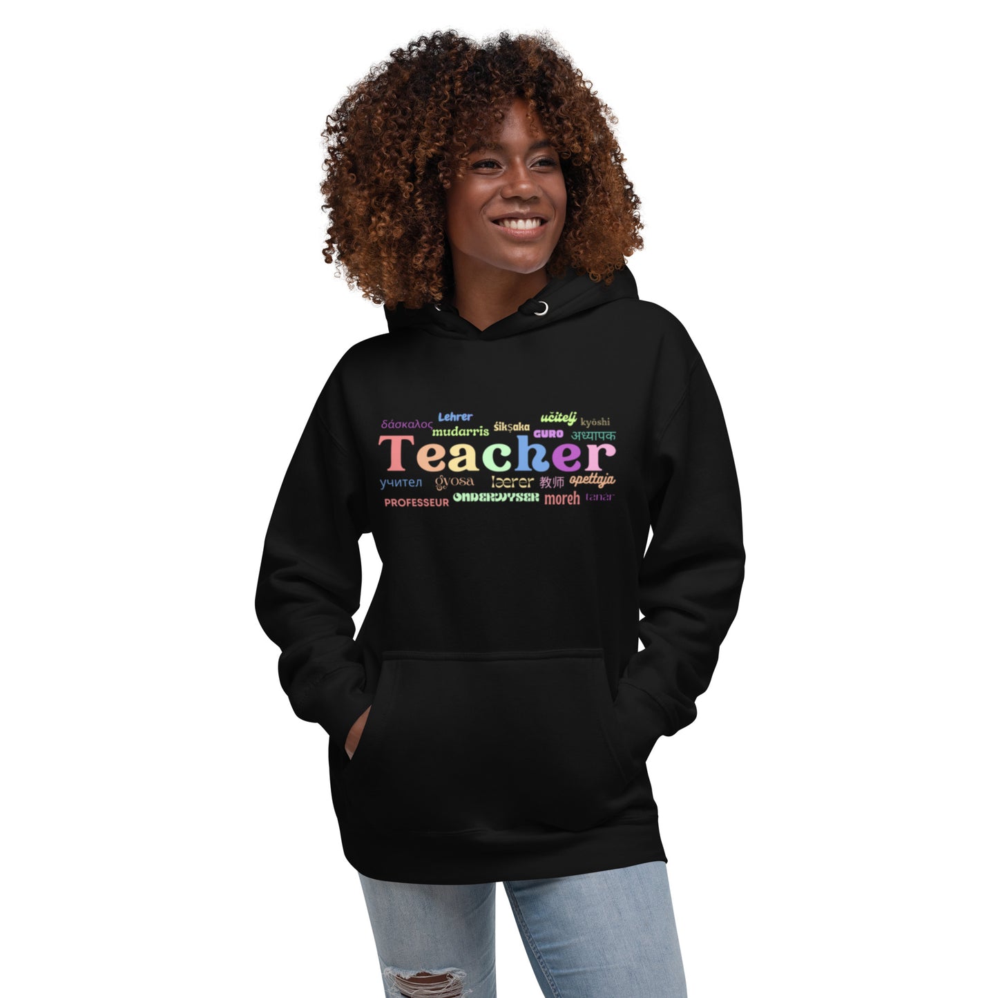 Teacher in many languages unisex hoodie