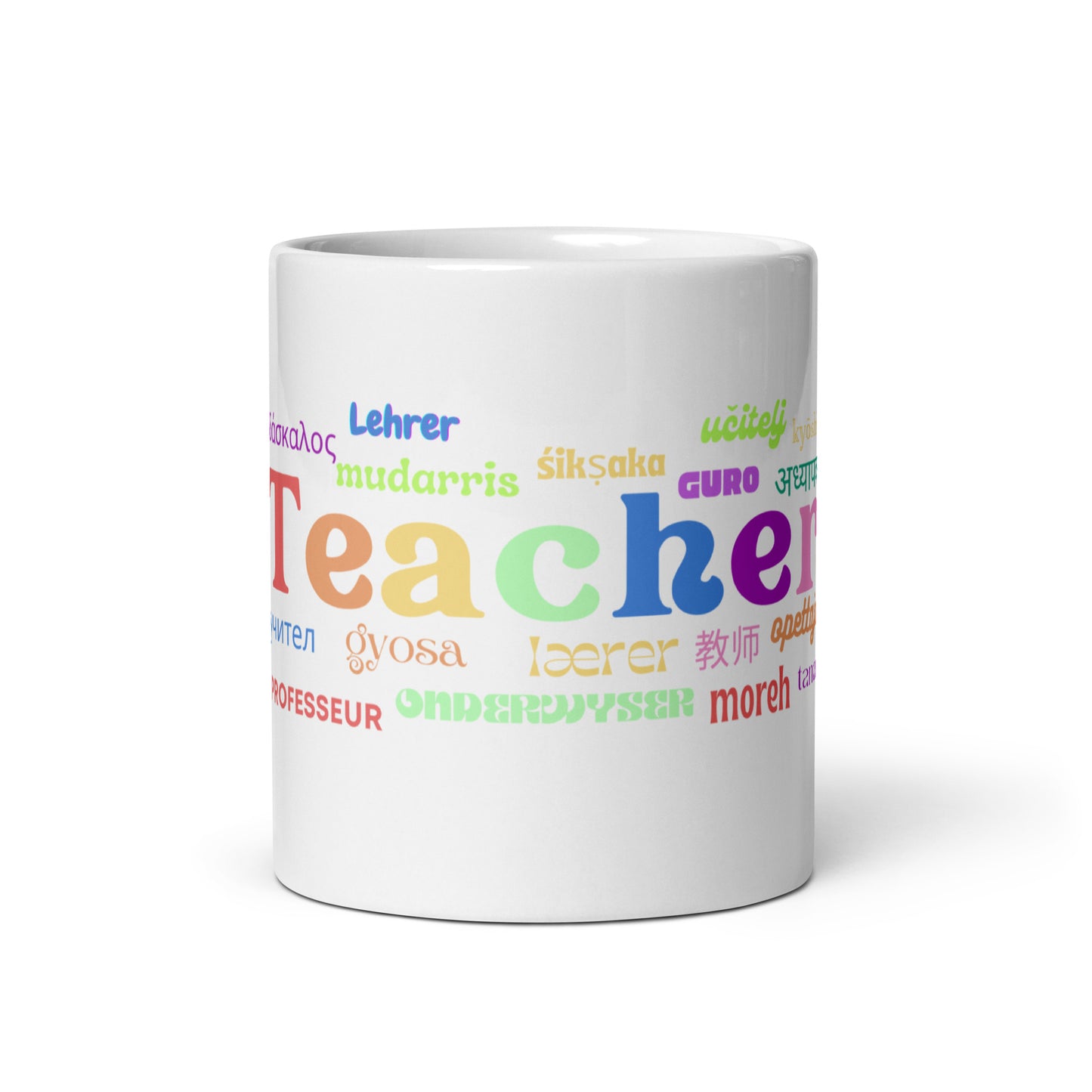 Teacher in many languages white glossy mug