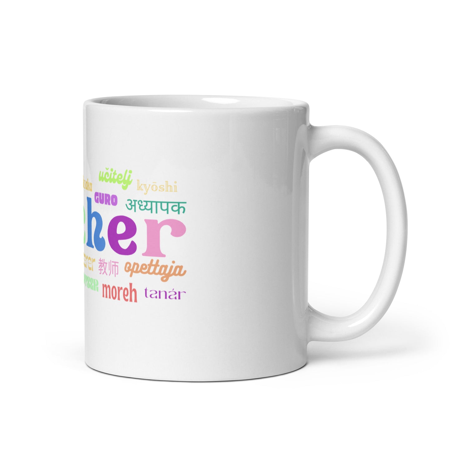 Teacher in many languages white glossy mug