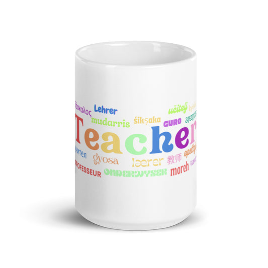 Teacher in many languages white glossy mug