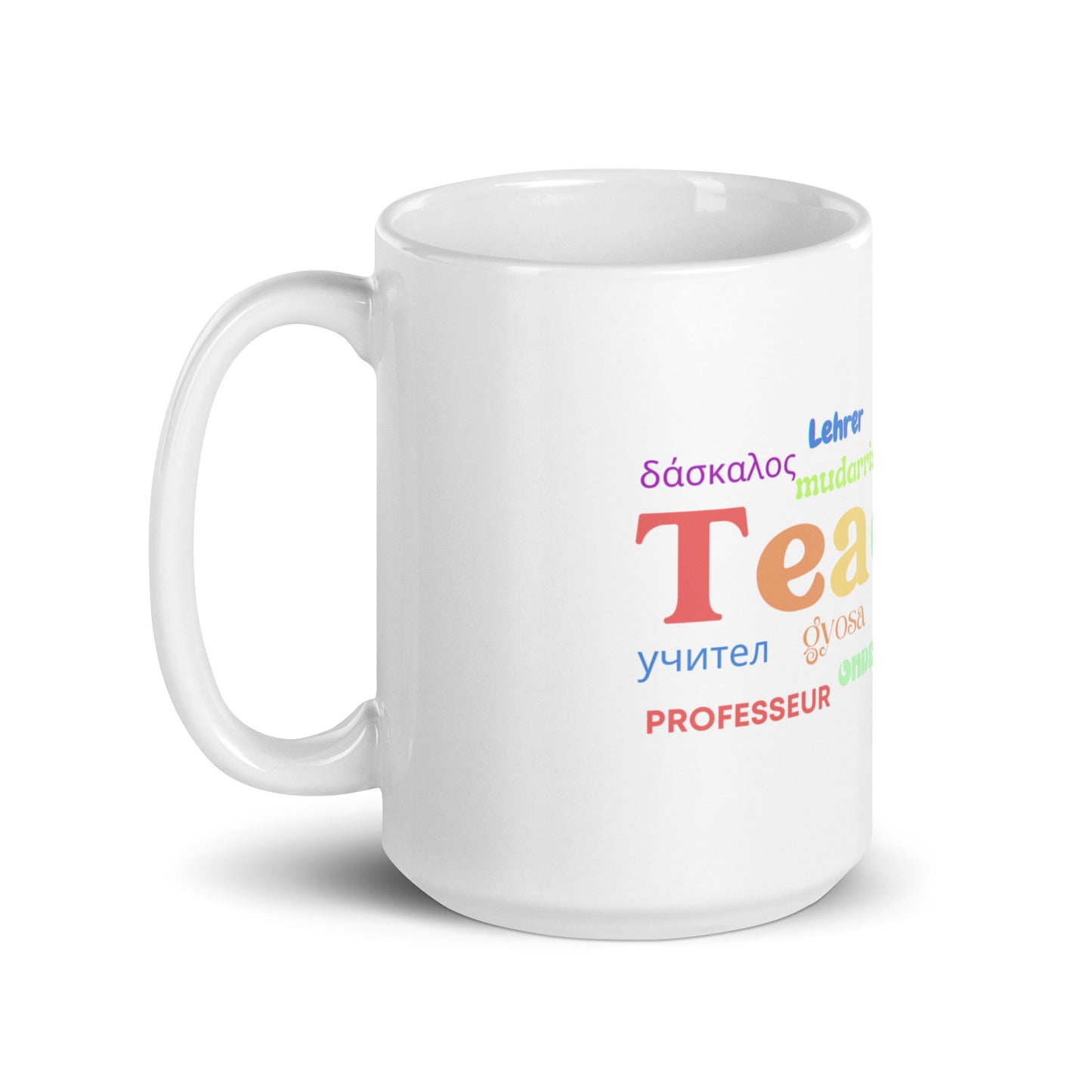 Teacher in many languages white glossy mug